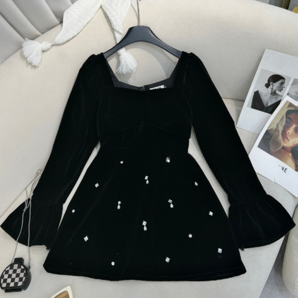 Váy nữ kiểu DEMAY, đính đá trẻ trung dễ mặc