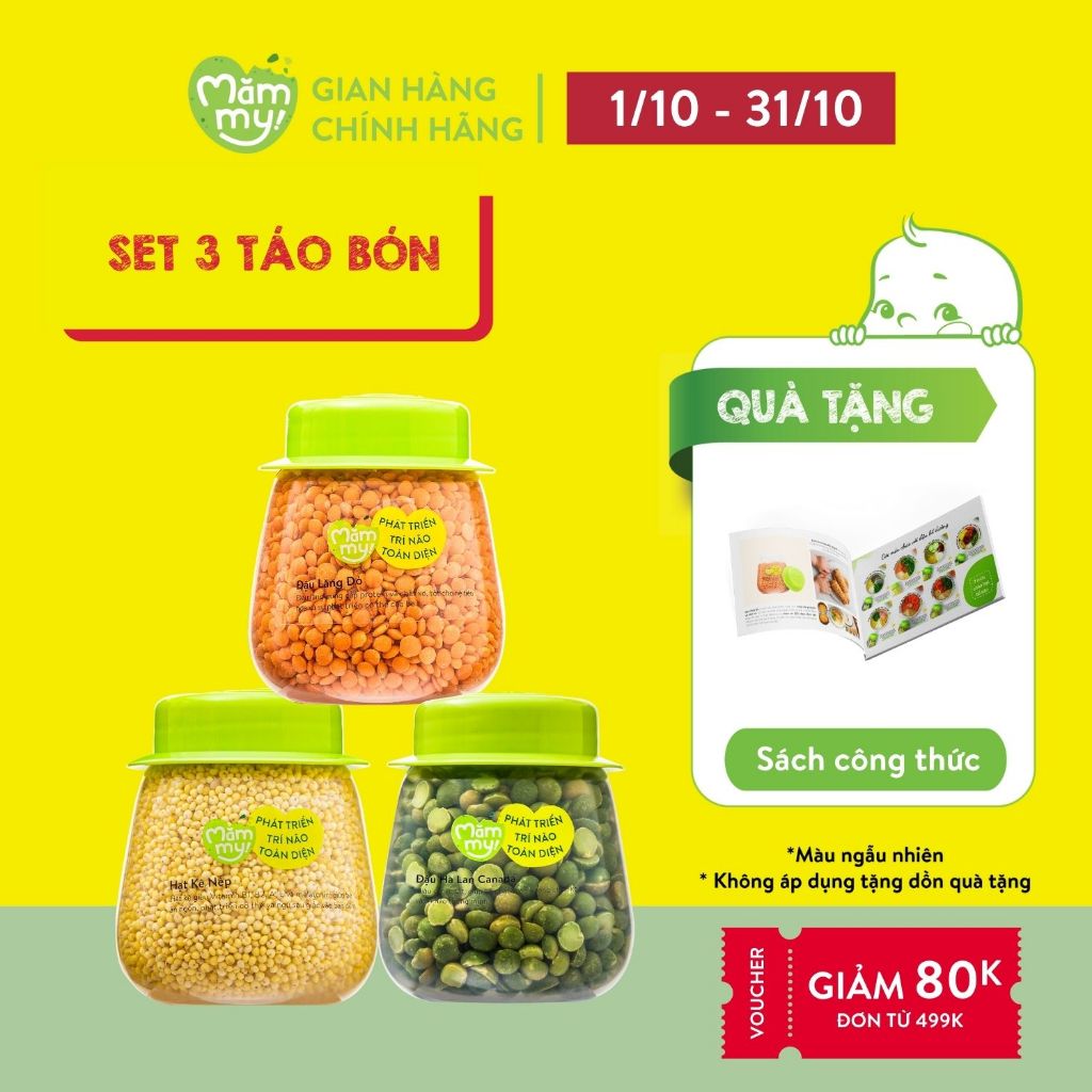 Set 3 hạt ăn dặm hữu cơ Mămmy đánh bay táo bón: Đậu lăng đỏ, Kê nếp, Đậu Hà Lan
