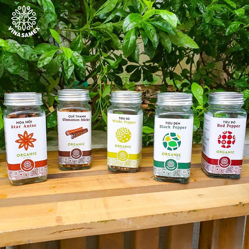 Gia vị hữu cơ Vinasamex Leaf Organic bột hồi, bột hành, bột tỏi, hoa hồi, bột sả, bột quế, bột gừng, tiêu đen, ...