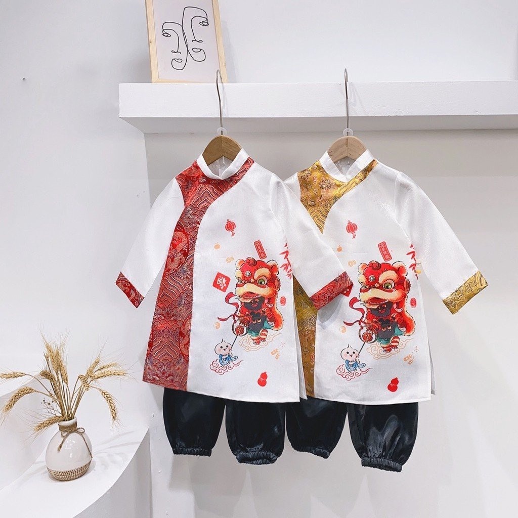 Áo dài cách tân bé trai phối gấm in hình lân 2 màu _ Monkey.kids