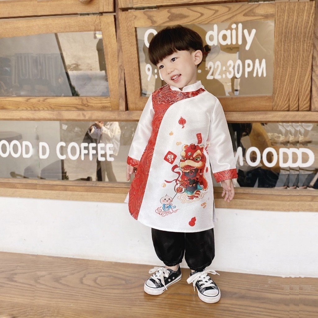 Áo dài cách tân bé trai phối gấm in hình lân 2 màu _ Monkey.kids
