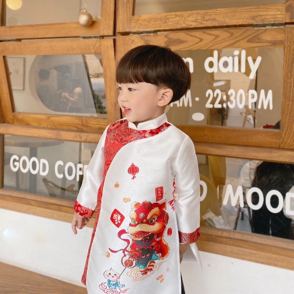 Áo dài cách tân bé trai phối gấm in hình lân 2 màu _ Monkey.kids