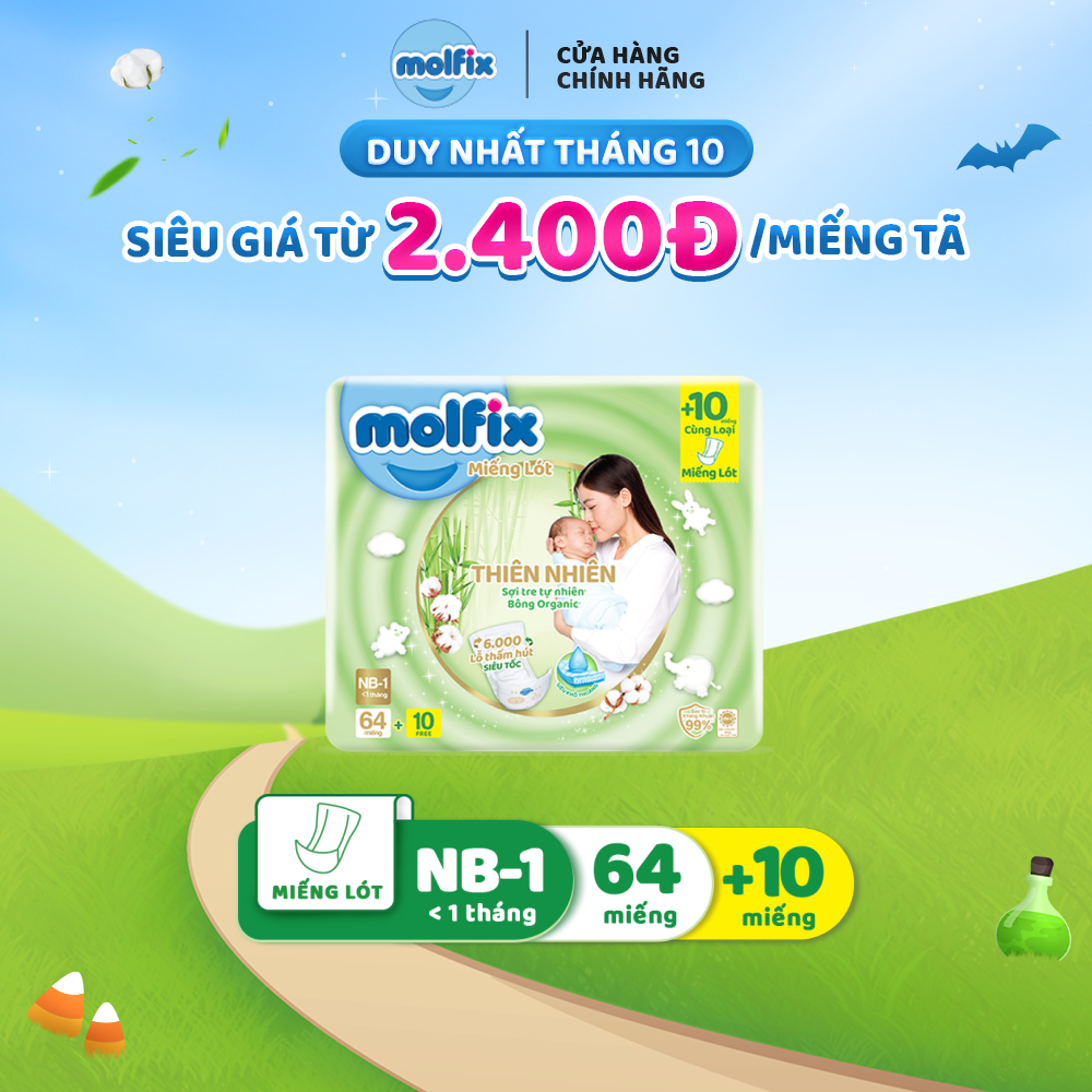 Miếng lót sơ sinh Molfix Thiên nhiên Jumbo Newborn 1 (dưới 1 tháng tuổi) Gói 64+10M