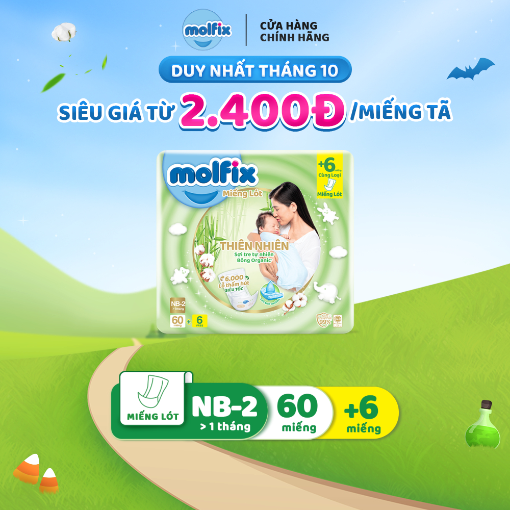 Miếng lót sơ sinh Molfix Thiên nhiên S.Jumbo Newborn 2 (trên 1 tháng tuổi) - Gói 60+6M