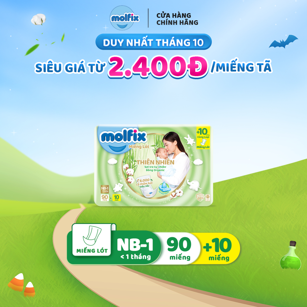 Miếng lót sơ sinh Molfix Thiên nhiên S.Jumbo Newborn 1 (dưới 1 tháng tuổi) -Gói 90+10M