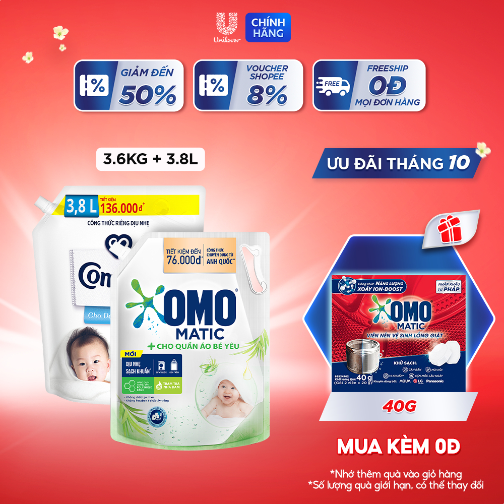 Combo Túi Nước Giặt Omo Matic Baby 3.6kg + Nước xả vải Comfort Cho Da Nhạy Cảm Túi 3.8L