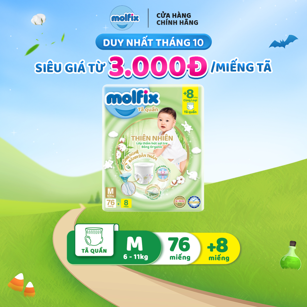 Tã/bỉm quần Molfix Thiên nhiên Ultra M (6kg 11kg) Gói 76+8 miếng