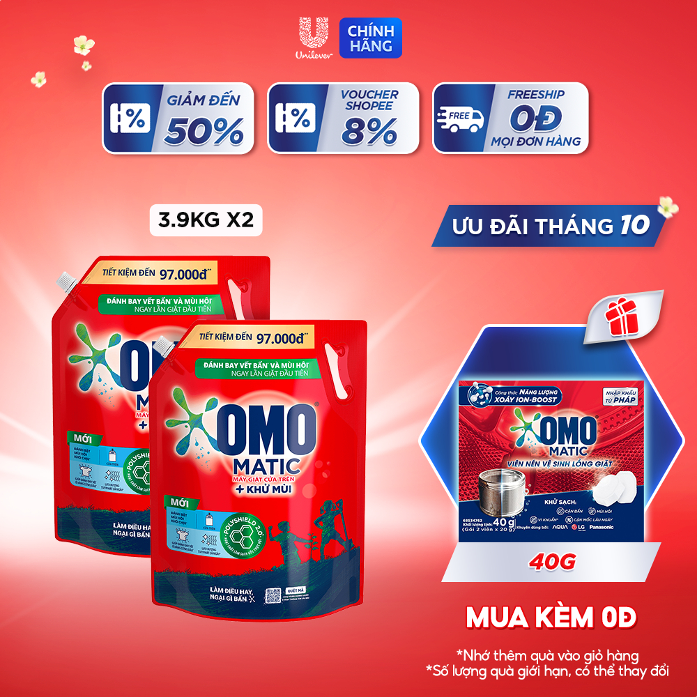 Combo 2 Túi Nước giặt OMO Matic Cửa trên 3,6kg/3,9Kg/túi