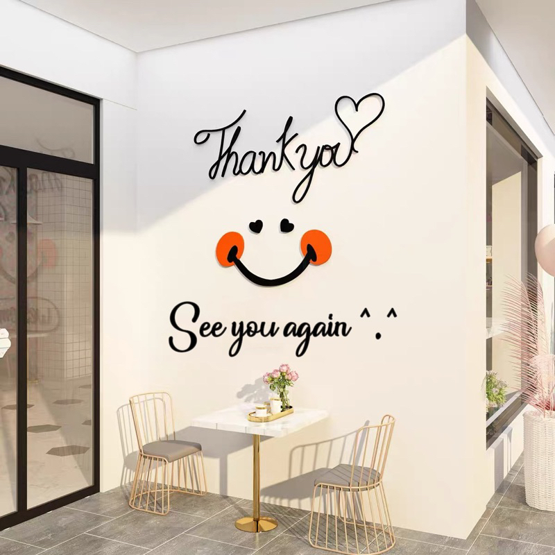 Decal dán tường acrylic, mica dán nổi thank you trang trí shop quần áo, quán cafe, trà sữa, văn phòng, trường học