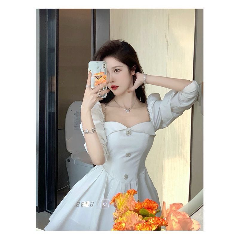 Đầm tiểu thư cổ vuông đính khuy đá loại 1 QC cao cấp/Váy bánh bèo xoè bồng bềnh ôm eo đi chơi dạo phố dễ thương đáng yêu