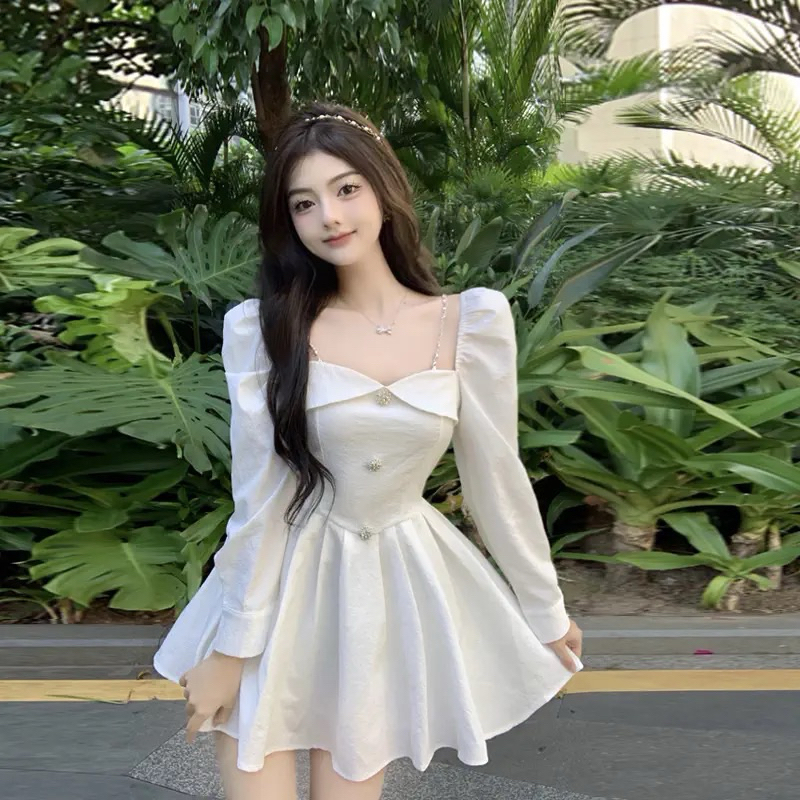 Đầm tiểu thư cổ vuông đính khuy đá loại 1 QC cao cấp/Váy bánh bèo xoè bồng bềnh ôm eo đi chơi dạo phố dễ thương đáng yêu