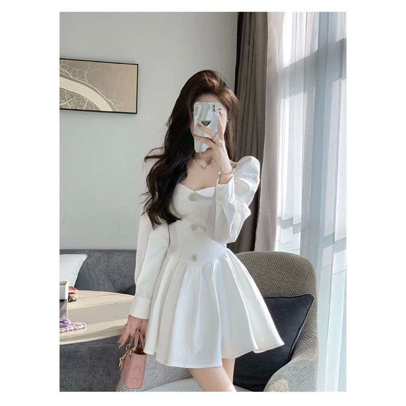 Đầm tiểu thư cổ vuông đính khuy đá loại 1 QC cao cấp/Váy bánh bèo xoè bồng bềnh ôm eo đi chơi dạo phố dễ thương đáng yêu