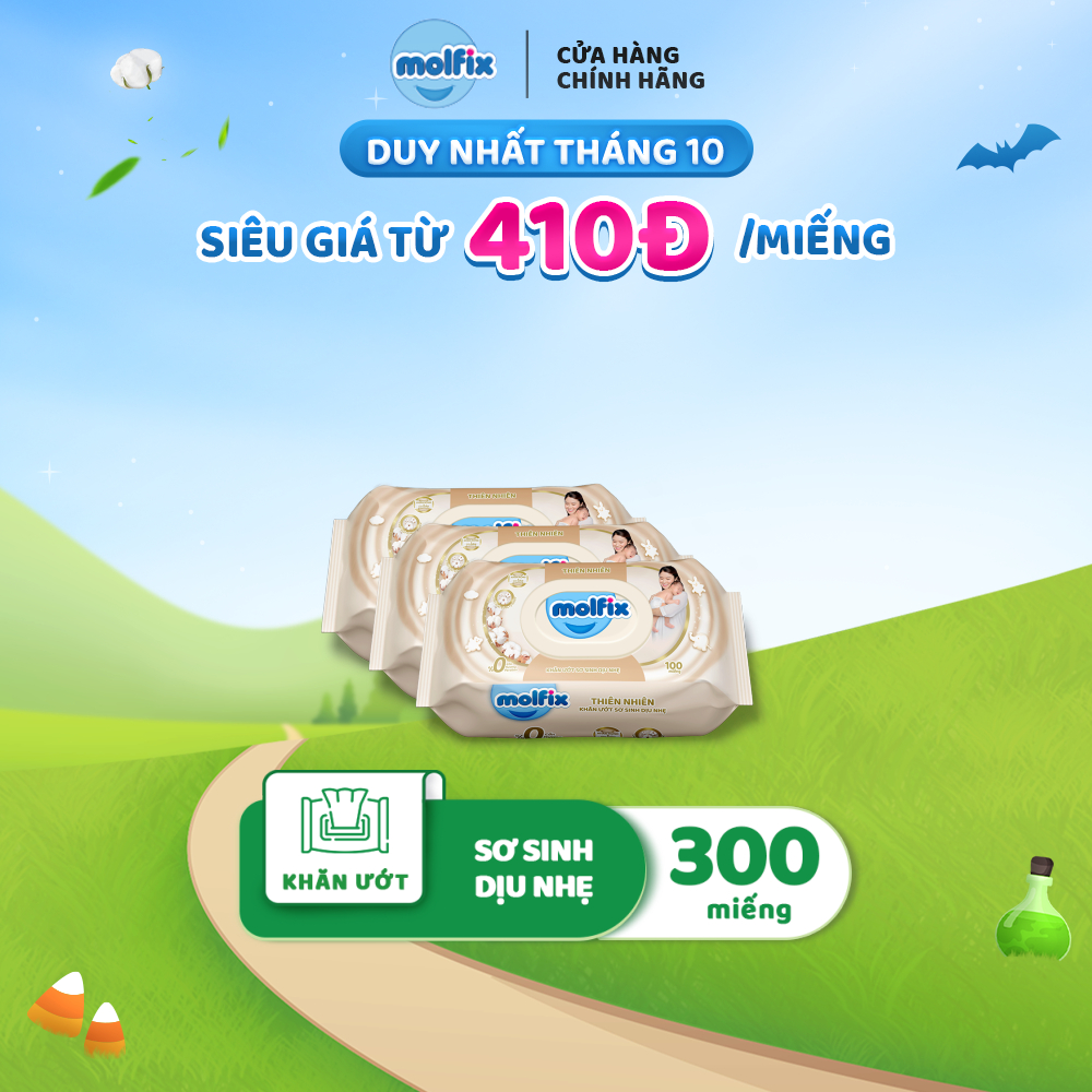 Combo 3 Khăn ướt Molfix Thiên nhiên Sơ Sinh Dịu Nhẹ - Gói 100 miếng