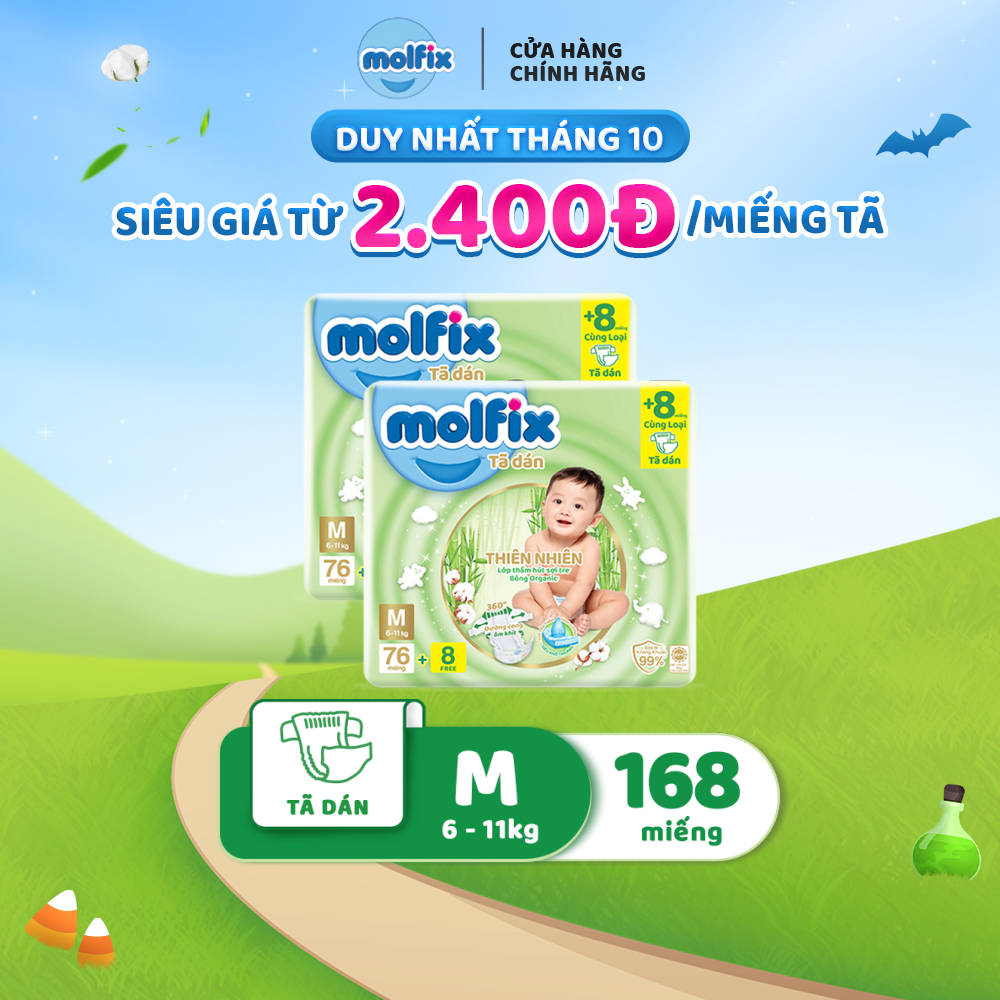 Combo 02 Tã/bỉm dán Moflix Thiên nhiên Super Jumbo M (6kg - 11kg) - 2 Gói- 168 miếng