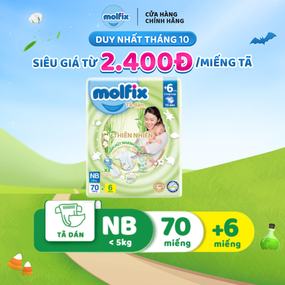 Tã/bỉm dán sơ sinh Molfix Thiên nhiên Jumbo Newborn (dưới 5kg) - Gói 70+6 miếng