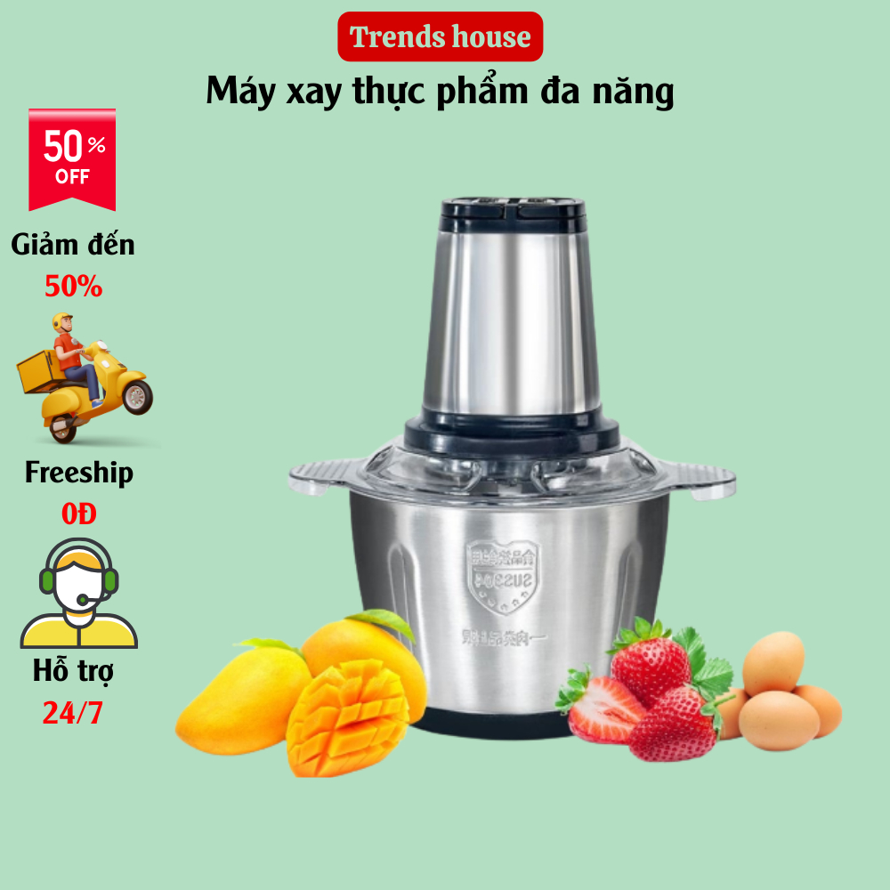 Máy xay thịt đa năng , máy có công xuất 250W lưới dao bằng thép không gỉ cối xay bằng inox dung tích cối 2L TRENDS HOUSE