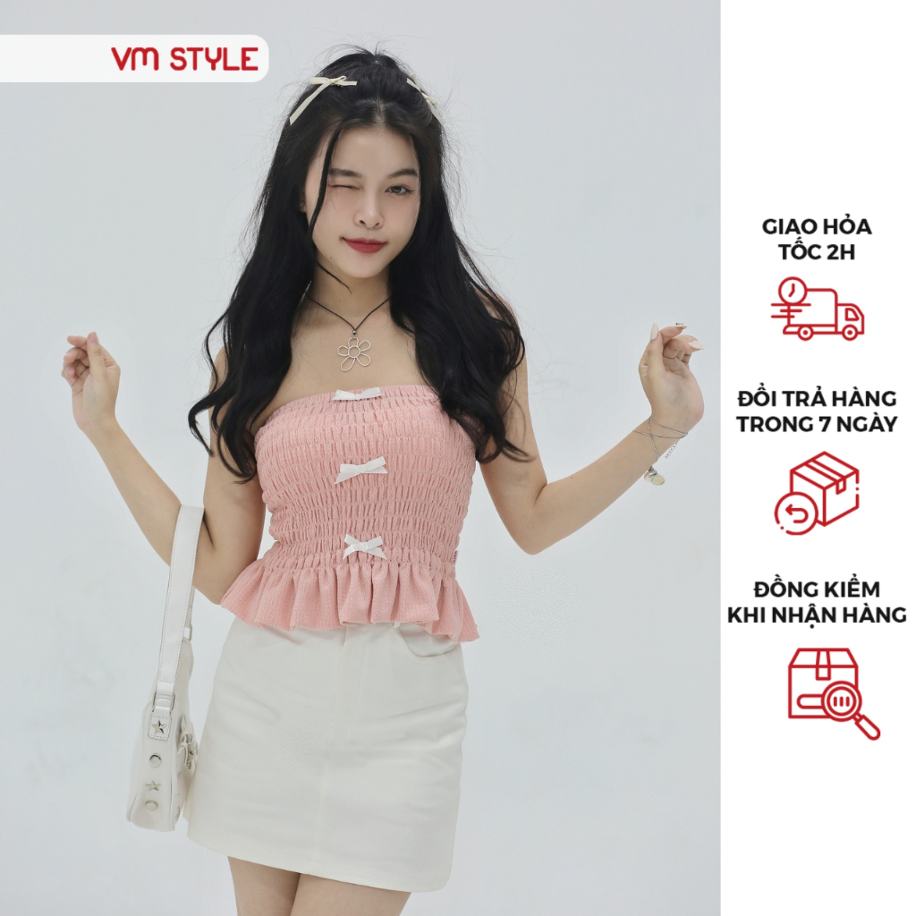 Áo ống nữ VMSTYLE form ôm croptop thân nhún đính nơ dọc nhiều màu cá tính, năng động đi chơi, dạo phố VM154 - ASU00443