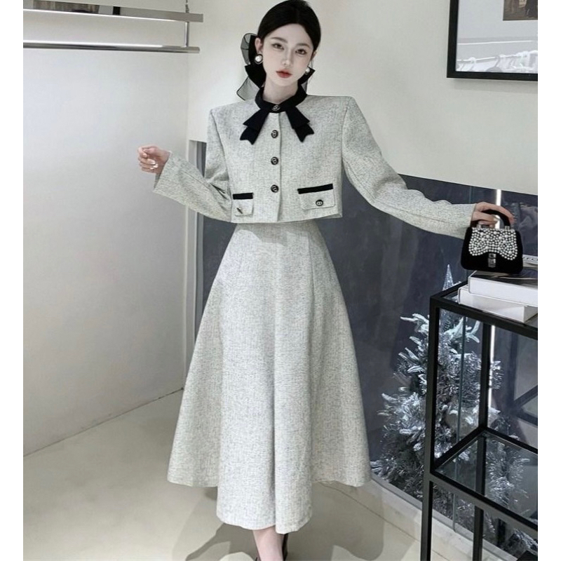 Set Dạ Tweed Áo Khoác Lửng Kèm Chân Váy Dài Siêu Xinh Phong Cách Hàn Quốc Hai Màu Có Ảnh Thật_ Hàng Order QCCC
