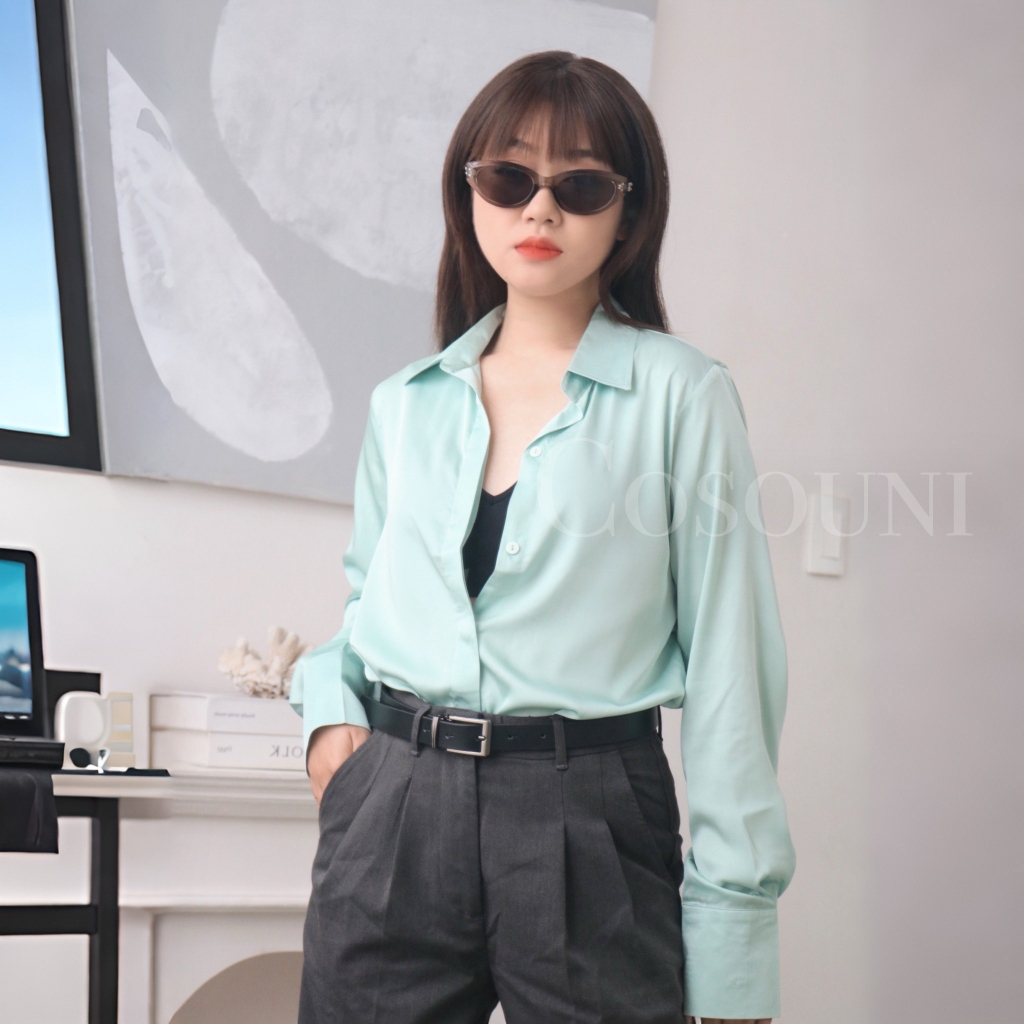 COSOUNI - Áo Sơ Mi Lụa Nữ Màu Xanh Mint