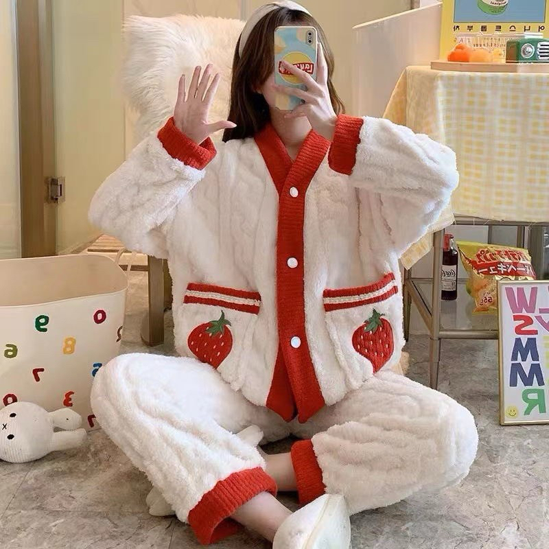 Bộ Ngủ Lông Hàng QC Loại 1 Siêu Xinh Bộ Ngủ Lông Quả Dâu Tây Chất Siêu Dày Dặn