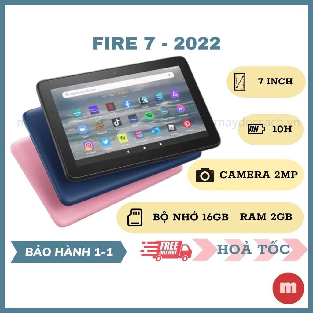 Máy tính bảng Kindle Fire 7 2022 - thế hệ 12, màn hình 7inch, bộ nhớ 16/32GB, chip 4 nhân 2.0GHz, mới nhất 2022