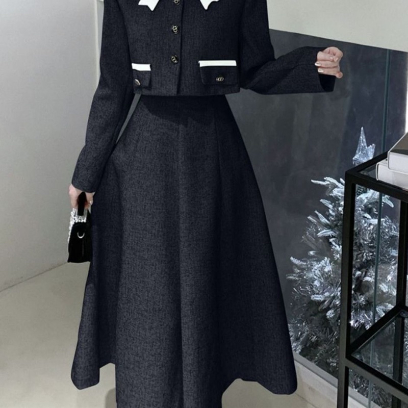 Set Dạ Tweed Áo Khoác Lửng Kèm Chân Váy Dài Siêu Xinh Phong Cách Hàn Quốc Hai Màu Có Ảnh Thật_ Hàng Order QCCC