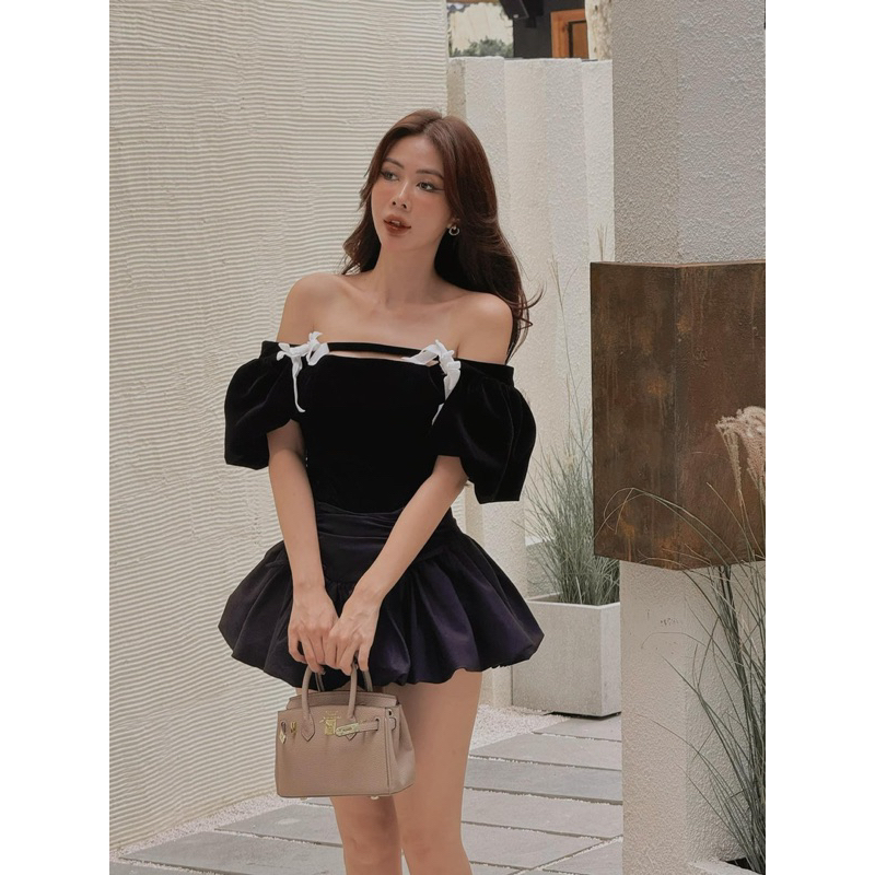 Set Áo Nhung Cổ U Nơ Phối Chân Váy Xòe Bồng Rút Dây TKCC BAGEO