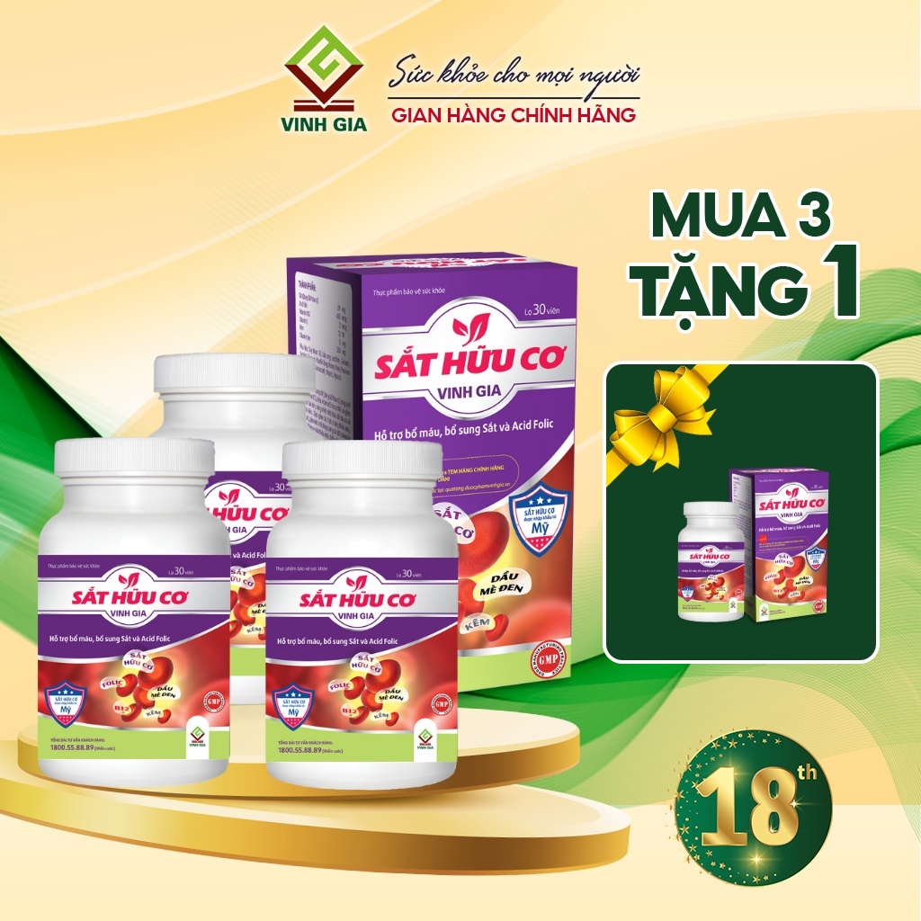 [Combo 3 Tặng 1] Viên Uống Bổ Sung Sắt Hữu Cơ VINH GIA Giảm Tình Trạng Thiếu Máu, Tăng Hấp Thụ Sắt Hộp 30 Viên