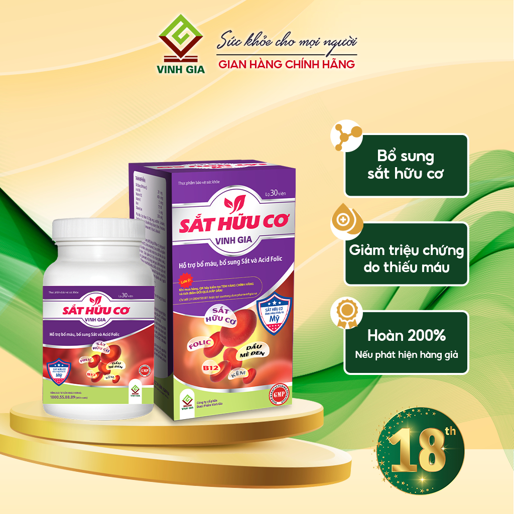 Viên Uống Bổ Sung Sắt Hữu Cơ VINH GIA Giảm Tình Trạng Thiếu Máu, Tăng Hấp Thụ Sắt Hộp 30 Viên