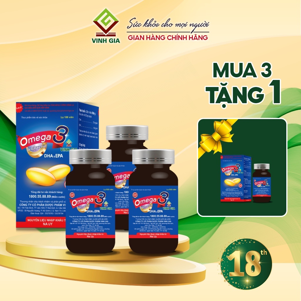 (Combo 3 Tặng 1) Omega 3 VINH GIA Bổ Sung DHA Và EPA Hỗ Trợ Duy Trì Sức Khỏe Mắt Và Tim Mạch - Hộp 100 Viên