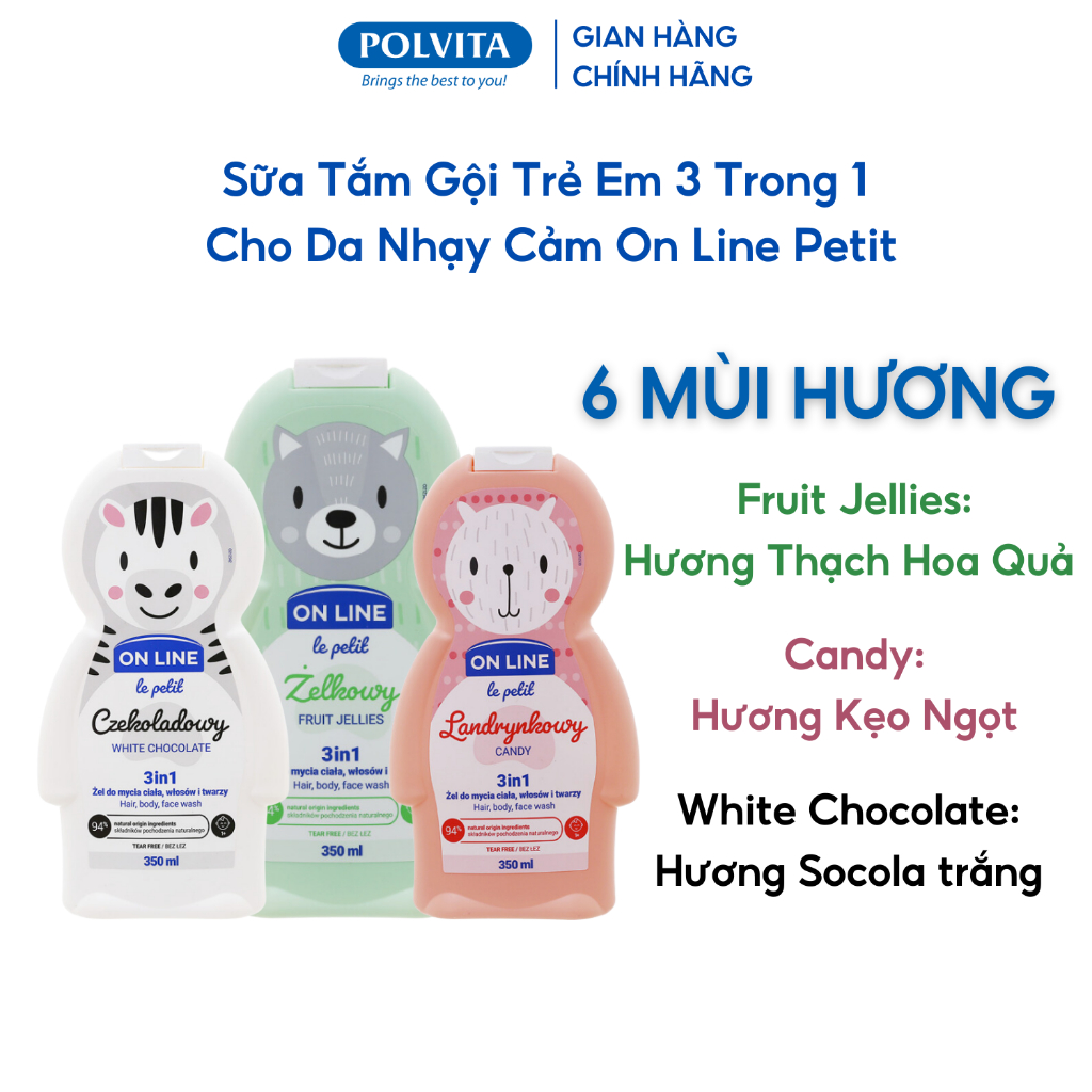 Sữa Tắm Gội Cho Bé 3 trong 1 ONLINE LE PETIT làm sạch nhẹ nhàng cho da nhạy cảm, 6 mùi hương chai 350ml