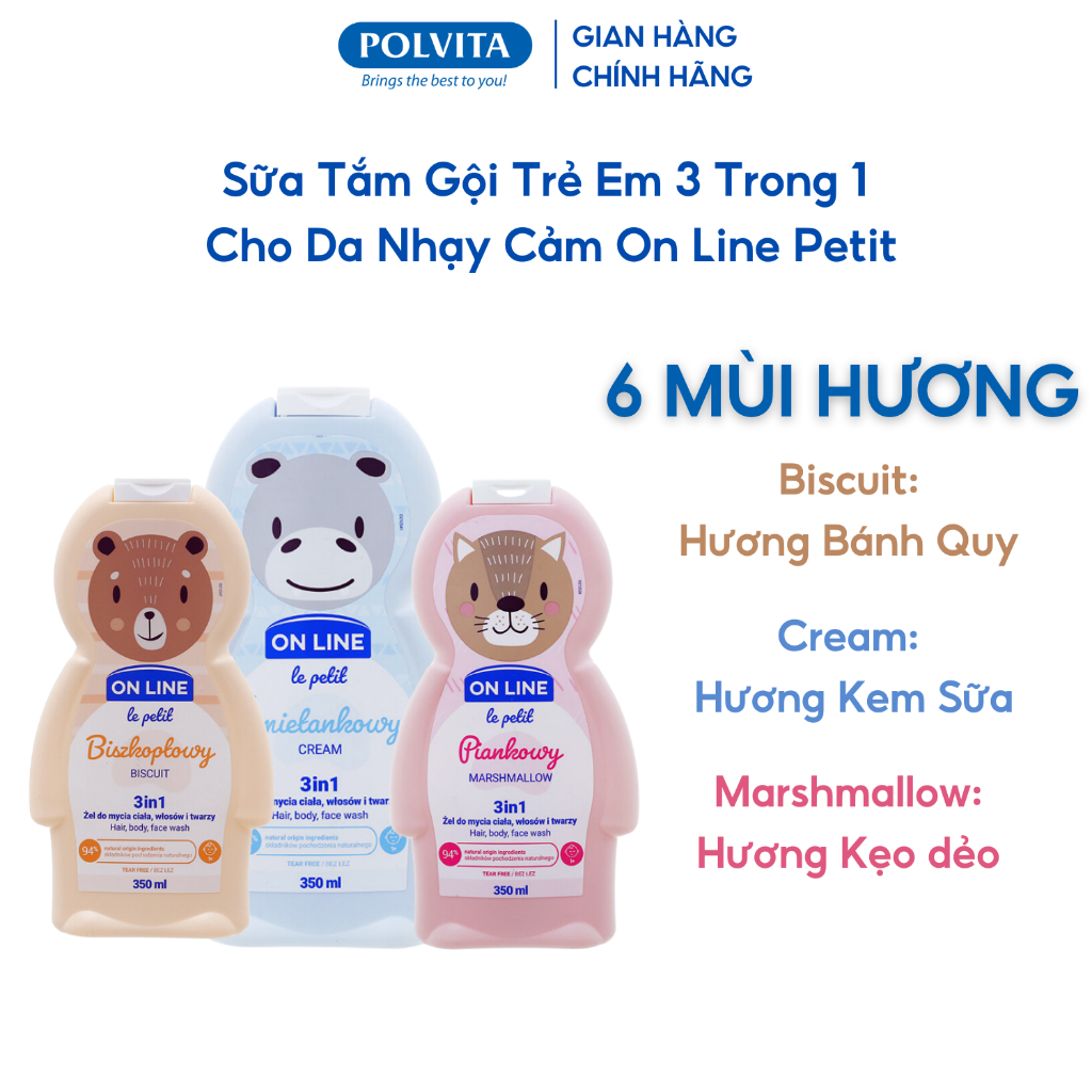 Sữa Tắm Gội Cho Bé 3 trong 1 ONLINE LE PETIT làm sạch nhẹ nhàng cho da nhạy cảm, 6 mùi hương chai 350ml