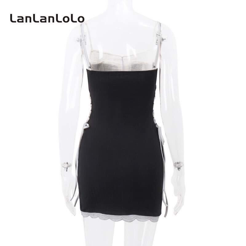 Đầm Ngắn Mùa Hè Hai Dây Phối Màu Khoét Đan Dây Eo Một Bên Rensi Mni Dress