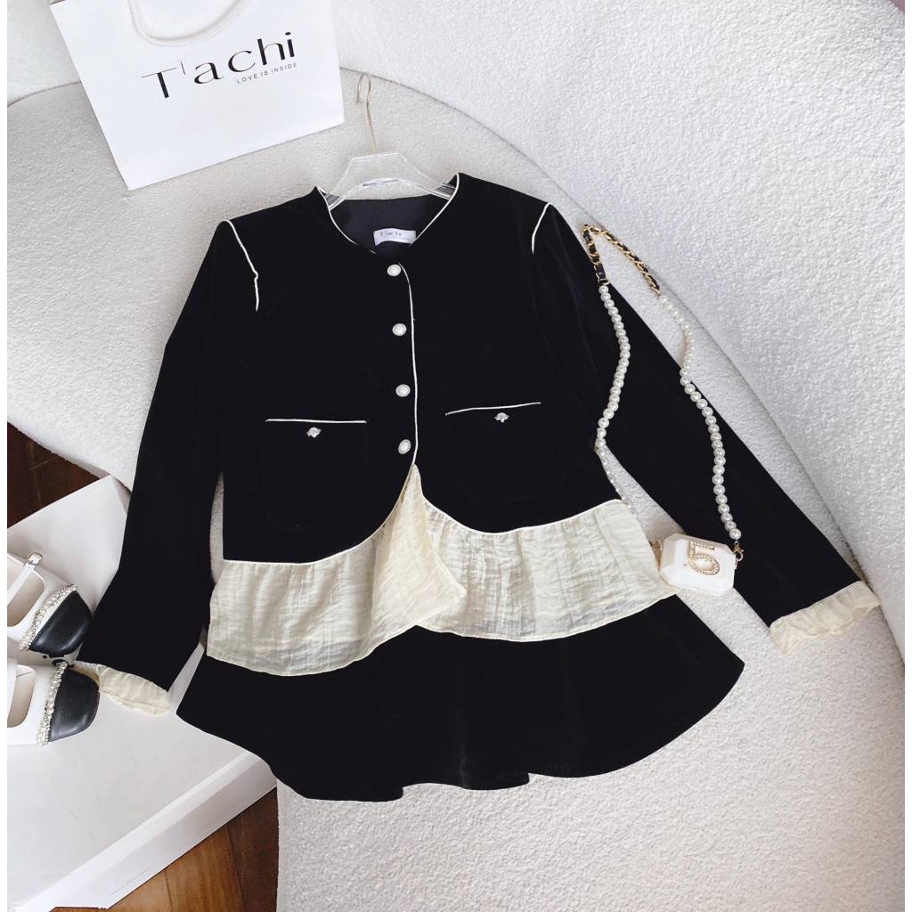 SET ÁO ĐEN NHUNG VIỀN VOAN NUDE + CHÂN VÁY ĐEN NHUNG XOÈ