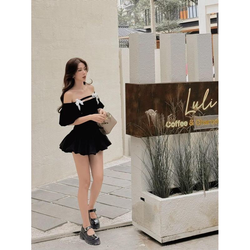 Set Áo Nhung Cổ U Nơ Phối Chân Váy Xòe Bồng Rút Dây TKCC BAGEO