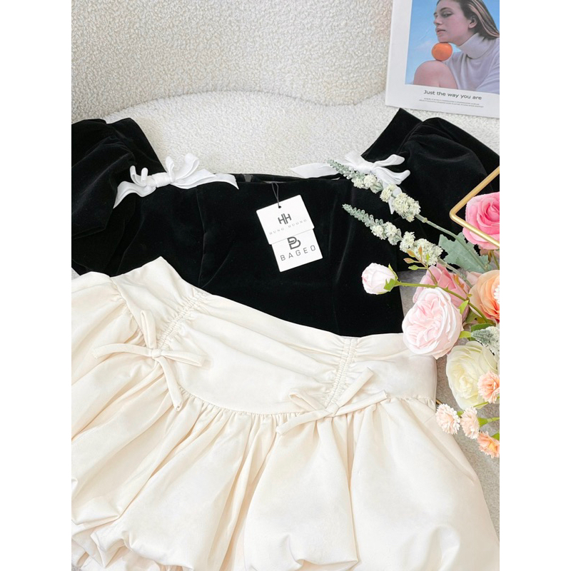 Set Áo Nhung Cổ U Nơ Phối Chân Váy Xòe Bồng Rút Dây TKCC BAGEO