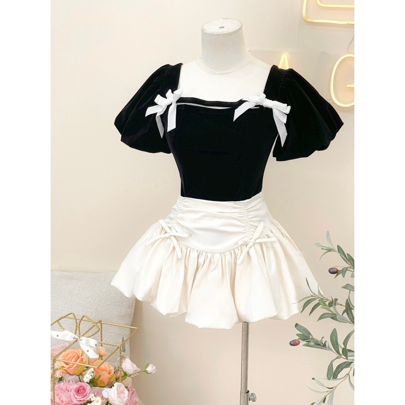 Set Áo Nhung Cổ U Nơ Phối Chân Váy Xòe Bồng Rút Dây TKCC BAGEO