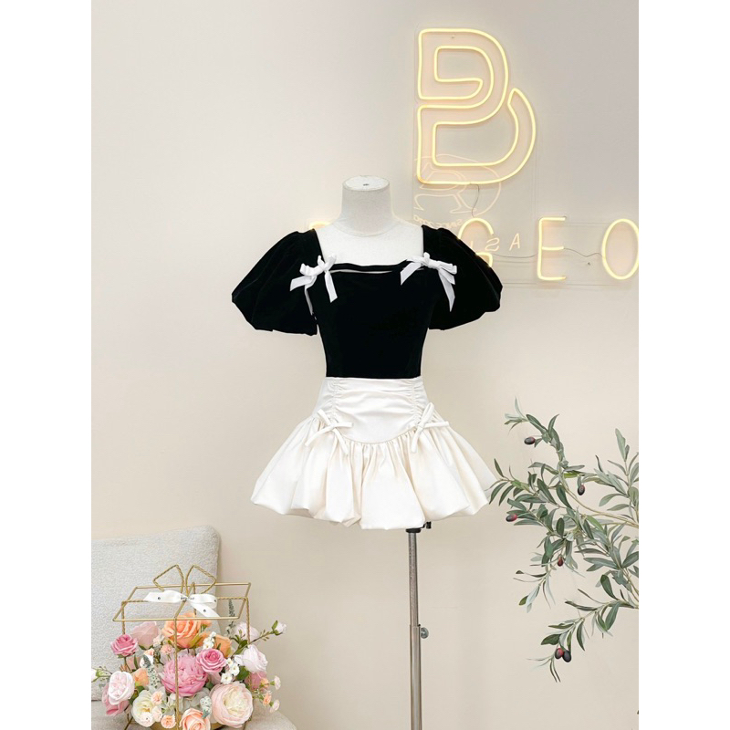 Set Áo Nhung Cổ U Nơ Phối Chân Váy Xòe Bồng Rút Dây TKCC BAGEO