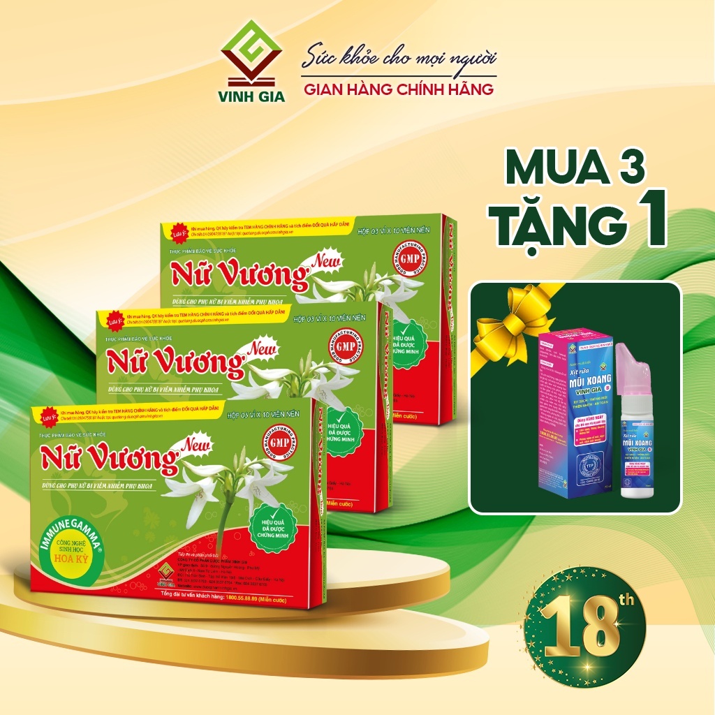 [Combo 3 Tặng 1 Xịt Rửa Mũi] Nữ Vương New Vinh Gia Hỗ Trợ Cân Bằng PH Vùng Kín, Giảm Khí Hư, Ngứa Vùng Kín Hộp 30 Viên