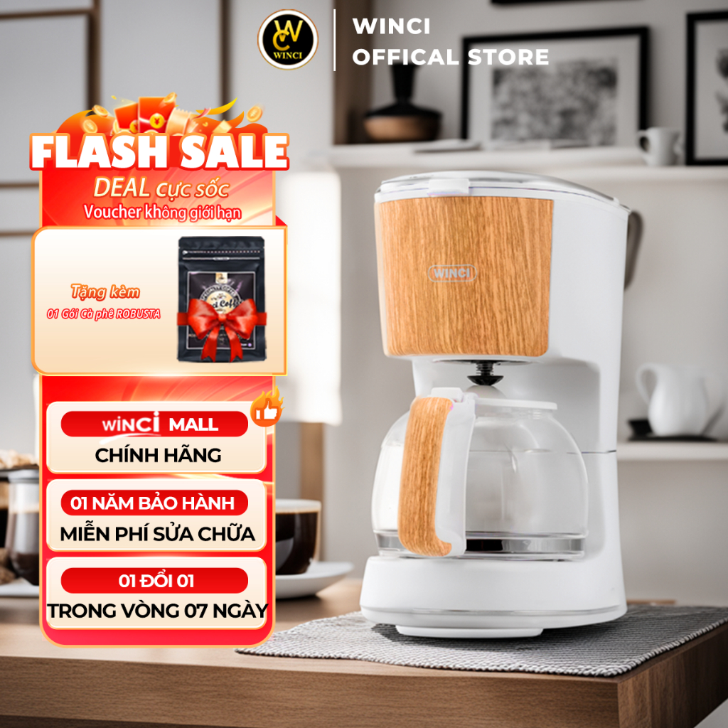 Máy Pha Cà Phê Nhỏ Giọt Winci CM1142, Dung Tích 1.25L, Bảo hành 01 năm.