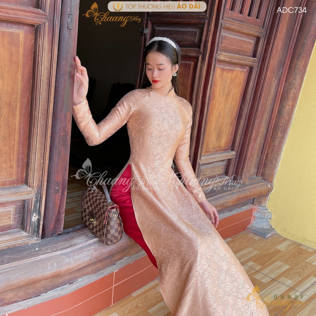 Áo dài gấm tơ hồng đất truyền thống Chaang may sẵn áo dài cô giáo trẻ trung niên dự tiệc cưới hỏi lễ tết đẹp ADC734
