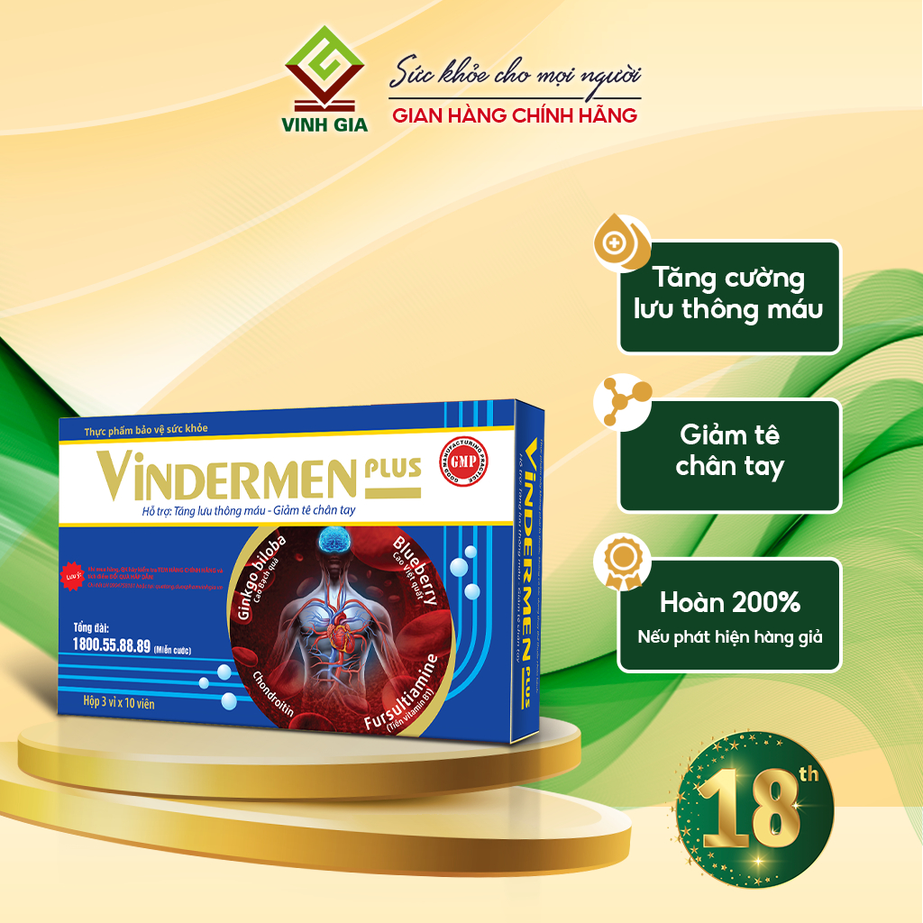 [Combo 3 Tặng 1 Xịt Rửa Mũi] Viên Uống Hỗ Trợ Lưu Thông Máu Vindermen Plus VINH GIA Giảm Tê Bì Tay Chân,An Toàn Hiệu Quả