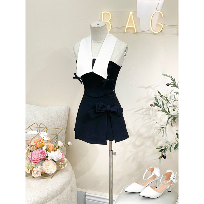 Set Áo Cổ Sen Yếm Đính Nơ Kèm Chân Váy Xẻ Nơ TKCC BAGEO