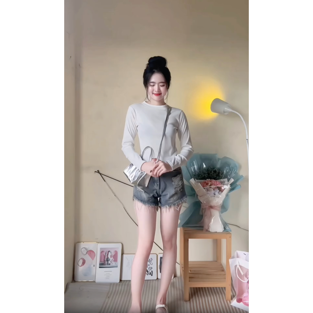 Áo thun tăm dài tay cổ tròn vạt bầu trơn suông thiết kế basic vintage