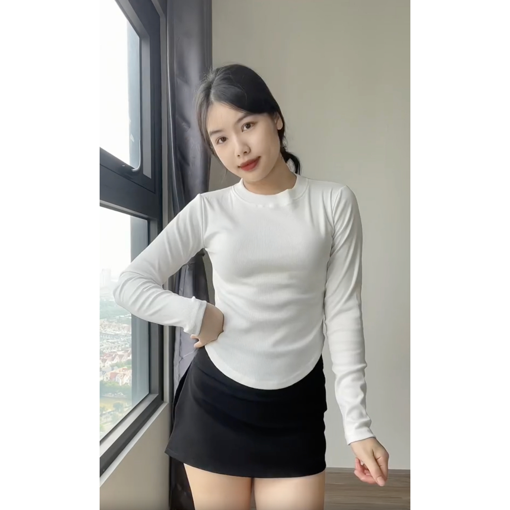 Áo thun tăm dài tay cổ tròn vạt bầu trơn suông thiết kế basic vintage