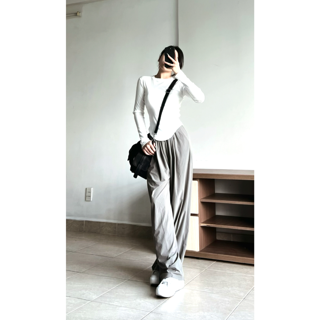 Áo thun tăm dài tay cổ tròn vạt bầu trơn suông thiết kế basic vintage