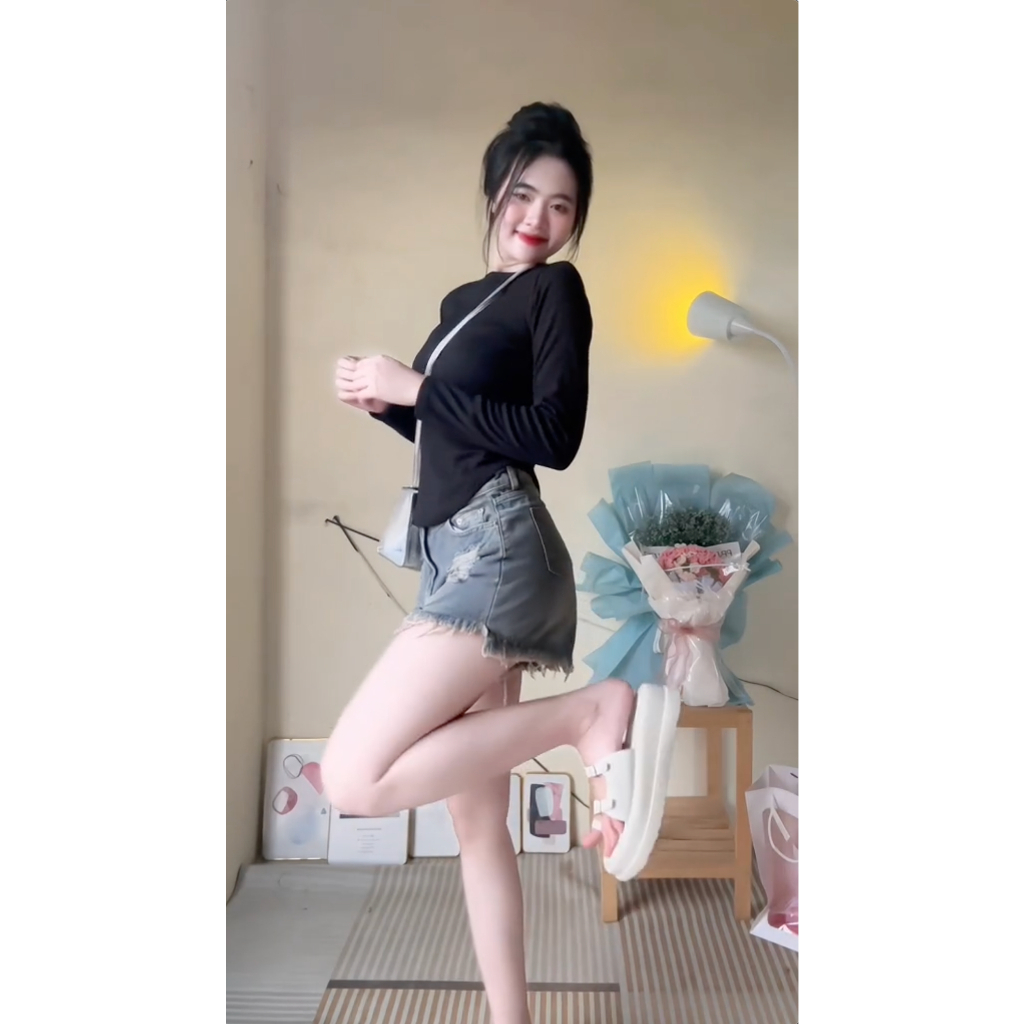 Áo thun tăm dài tay cổ tròn vạt bầu trơn suông thiết kế basic vintage