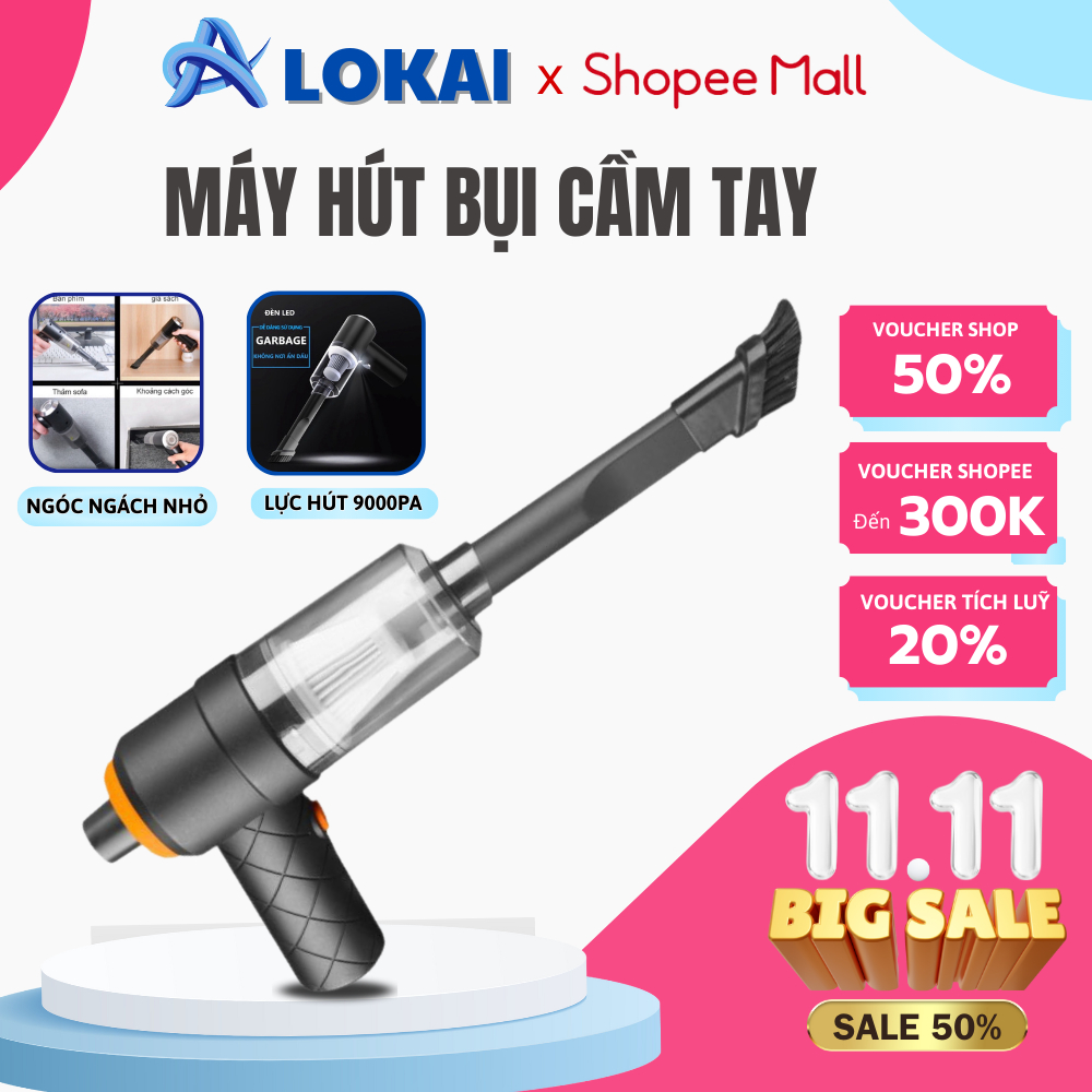 Máy hút bụi cầm tay mini ALOKA,  hút bụI cầm tay công suất 120W lực hút 5500PA sạc pin tiện lợi tặng kèm đầu cọ _HB02