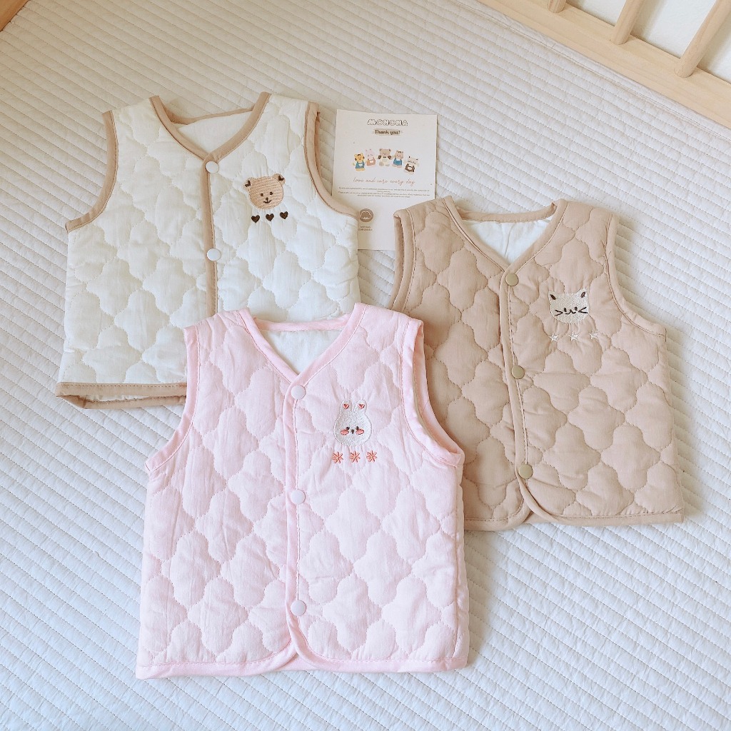 Áo Gile Cotton Trần Bông Monona Có Lớp Lót Trong Áo Cúc Bấm Tròn Dễ Sử Dụng An Toàn Mềm Mại Cho Bé