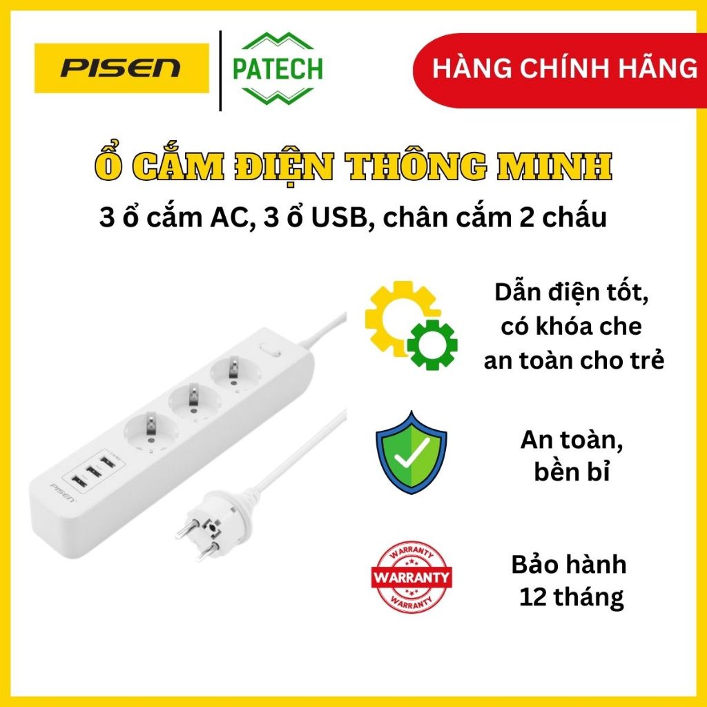 Ổ cắm điện Pisen 303-EP(3USB, 3AC) - ổ căm thông minh, đa năng